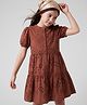 Pine Kids Woven Half Sleeves Dress with Floral Embroidery - Brown
