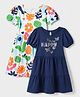 Honeyhap Premium Cotton 100% Knit Midi Frock with Bio Finish Half Sleeves and Always Happy Foil/Glitter Print Pack of 2 in Navy Blue ,Bright White