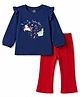 Doodle Poodle 100% Cotton Knit Full Sleeves Star Unicorn & Text Printed Top & Pant Set - Navy Blue