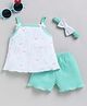 Wonderchild Sleeveless Bunny Printed Bow Applique Detailed Top & Shorts Set With Headband - Green