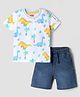 Babyhug Single Jersey Knit Denim Half Sleeves T-Shirt & Shorts With Dino Print - White & Light Blue