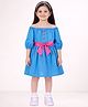 Lil' Drama Cotton Knit Three Fourth Puffed Sleeves Bow Applique Detailed Dress - Blue