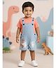 Kiddopanti Denim Woven Sleeveless Skater Dinosaur Printed Dungaree - Ice Wash Blue
