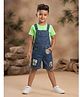 Kiddopanti Denim Woven Sleeveless Travel Theme Patch Detailed Dungaree - Dark Rag Wash Blue