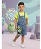 Kiddopanti Denim Woven Sleeveless Alien Printed Dungaree - Light Rag Wash Blue