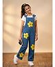 Kiddopanti Denim Woven Sleeveless Floral Printed Dungaree  - Mid Wash Blue