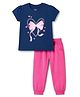 Doodle Poodle 100% Cotton Single Jersey KnIt Half Sleeves Top & Pant Set with Bow Print - Navy Blue