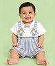CANDY HOUSE Knitted Knit Half Sleeves Striped & Bear Applique Detailed Dungaree With Tee - Grey