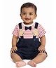 CANDY HOUSE Knitted Knit Half Sleeves Striped & Bear Applique Detailed Dungaree With Tee - Navy Blue