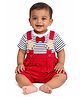CANDY HOUSE Interlock Knit Dungaree & Half Sleeves T-shirt Stripes With Bow & Applique - Red