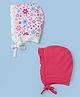 Doodle Poodle 100% Cotton Interlock Knit Floral Printed Caps With Tie Up Pack of 2 Bright White/Carmine Rose - Diameter 15 cm