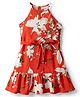 CrayonFlakes Rayon Knit Sleeveless Floral Printed Dress - Orange
