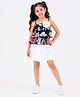 CrayonFlakes Rayon Knit Sleeveless Floral Applique Layered Crop Top & Shorts Set With Floral Print - Black