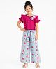 CrayonFlakes Cotton Lycra Knit Half Sleeves Bow Applique Top & Belted Palazzo Set With Floral Print - Pink