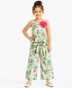 CrayonFlakes Rayon Knit Sleeveless Floral Printed Top With Co-Ords Palazzo Set & Belt- Off White & Green