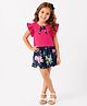 CrayonFlakes Cotton Lycra Knit  Short Frilled Sleeves Knot Applique Top & Floral Printed Shorts Set -Dark Pink & Navy Blue