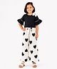 CrayonFlakes Cotton Lycra Knit Half Bell Sleeves Bow Applique Detailed Top With Heart Printed Palazzo Set - Black & White
