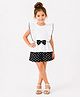 CrayonFlakes Cotton Knit Flutter Sleeves Polka Dots Printed Top & Shorts Set With Bow Applique - White & Black