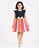 CrayonFlakes Cotton Lycra Knit Sleeveless Tye Dye Frill Detailing Frock With Bow Applique - Navy Blue