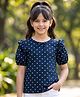 Pine Kids Rayon Woven Half Puffed Sleeves Top with Polka Dot Print & Frill Detailing - Navy