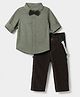 Babyhug 100% Cotton Woven Full Sleeves Shirt and Pants Set With Bow & Suspender - Black & Olive Green