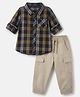 Babyhug 100% Cotton Woven Full Sleeves Checked Shirt and Joggers Set - Biege