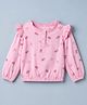 Pine Kids 100% Cotton Knit Full Sleeves Top with Frill Detailing and Rose Print in Pink
