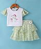Enfance Half Sleeves Teddy Bear Embroidery T-Shirt With Layer Polka Printed Skirt Set - Light Green