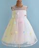 Enfance Net Knit Sleeveless Mesh Yoke Dress With Floral Applique-Pink & Yellow