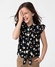 Pine Kids Viscose Woven Knotted Top with Flutter Sleeve with Floral Print - Black