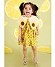 Cuddly cubs Cotton Woven Sleeveless Strawberry Printed Dress With Floral Crochet Designed Poncho - Yellow
