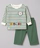 Ollypop Interlock Knit Full Sleeves Striped T-Shirt & Lounge Pant Set with Roar Print & Cub Face Patch  - Olive Green