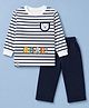 Ollypop Interlock Knit Full Sleeves Striped T-Shirt & Lounge Pant Set with Roar Print & Cub Face Patch  - Navy