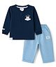 First Smile Cotton Knit Full Sleeves Bear Embroidered T-Shirt & Pant Set - Light & Navy Blue