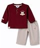 First Smile Cotton Knit Full Sleeves Bear Embroidered T-Shirt & Pant Set - Red