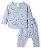 First Smile Sinker Knit Full Sleeves Front Open Co-Ords Smilie Printed T-Shirt & Pajama Night Suit - Blue