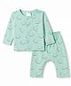 First Smile Sinker Knit Full Sleeves Front Open Co-Ords Smilie Printed T-Shirt & Pajama Night Suit - Sea Green