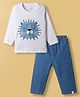 marshmallows Fleece Knit Full Sleeves Winter Wear Suits With Tiger Print - White & Blue