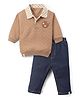 marshmallows Fleece Knit Full Sleeves Winter Wear Suit With Bear Patch - Brown
