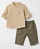 Marshmallows 100% Cotton Woven Full Sleeves Shirt and Pant Set with Bear Patch - Light Brown