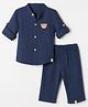 Marshmallows 100% Cotton Woven Full Sleeves Shirt and Pant Set With Bear Embroidery - Navy Blue