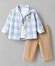marshmallows Sinker Knit Woven Full Sleeves Checks Shirt & T-Shirt With Pant Set - Light Blue