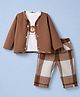 marshmallows Muslin Knit Full Sleeves T-Shirt & Lounge Pant Set & Jacket with Checks & Bear Print - Brown