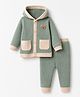 marshmallows Knit Full Sleeves Hooded Winter Wear Suit With Bear Applique - Green