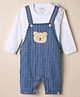 marshmallows Denim Knit Full Sleeves Tee With Teddy Bear Patch Dungaree - Light Blue & White
