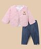 Marshmallows Taffeta Knit Full Sleeves Stripes Winter Wear Suit with Solid Inner Tee and Bear Patch in Pink