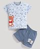 MOONKIDS 100% Pure Cotton Knit Half Sleeves Teddy Printed  Tee & Shorts Set - Sky Blue