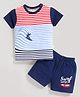 MOONKIDS Knitted Half Sleeves Surfing Theme Distorted Striped Tee & Shorts Set - Navy Blue