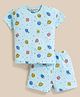 MOONKIDS Knitted Half Sleeves Space Theme Printed Coordnating Tee & Shorts Set - Blue