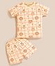 MOONKIDS Knitted Half Sleeves Checked & Animal Faces Printed Coordinating Tee & Shorts Set - Cream